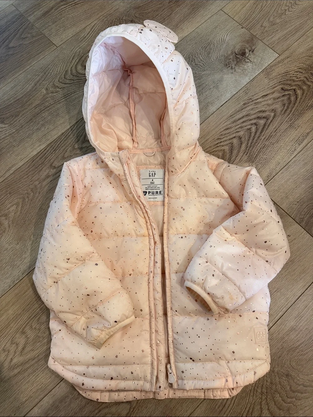 GAP Girls' Light Pink Glitter-Spot Puffer Jacket with Hood  size 4T